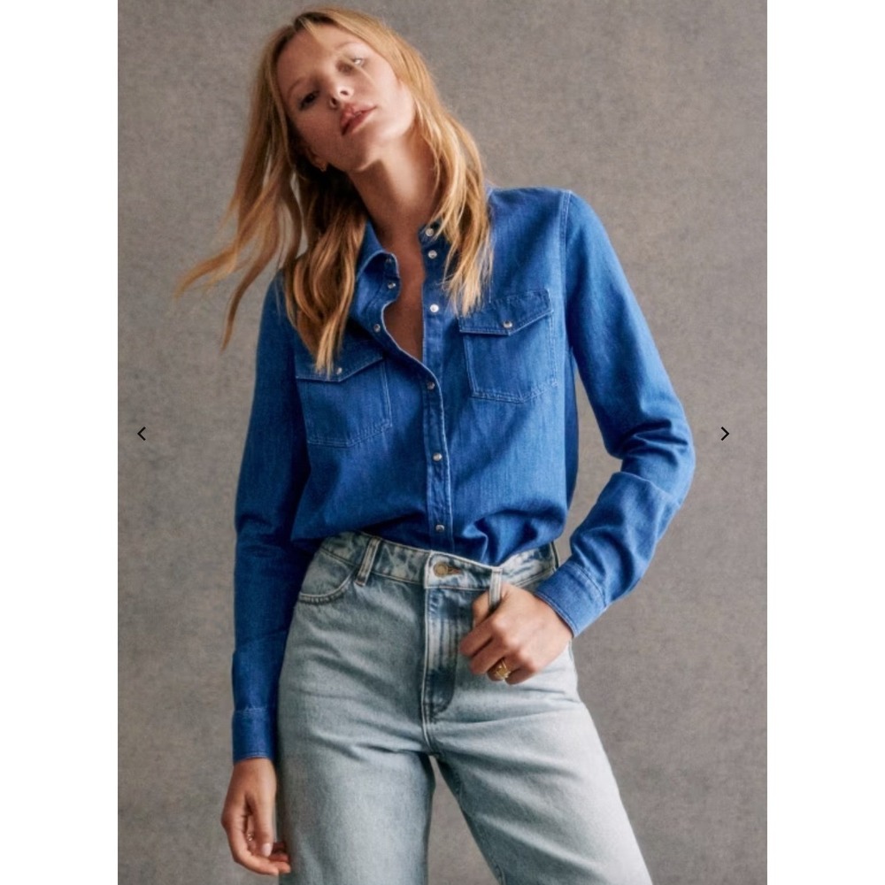 Sezane Alba Denim Shirt Blue Organic Cotton Pearl Snap Western Blouse Sz 36 US 4